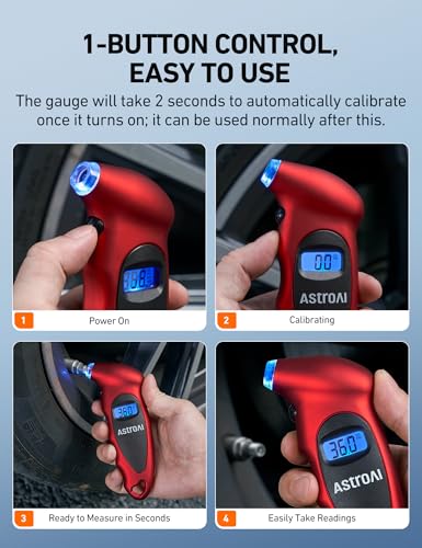 Image of AstroAI Digital Tire Pressure Gauge, Industrial Tire Gauge Calibrated to ANSI B40.7 + /-1PSI, AAA Batteries, for Light Trucks, Pickup Trucks, SUVs, Cars, Red, 2Pack
