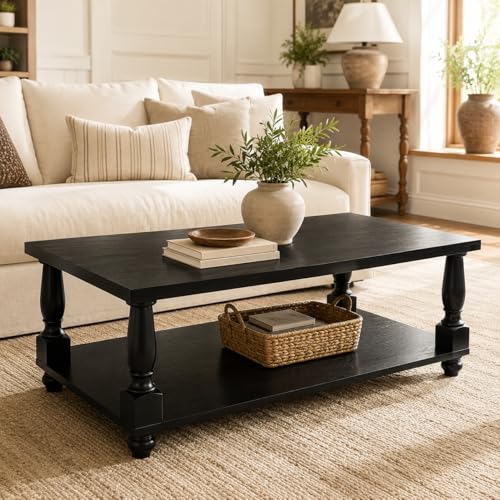 Image of Homieasy 47 inch Farmhouse Coffee Table with Storage, Rectangular Wood Center Table with Solid Wood Turned Legs & Thickened Top, 2-Tier Cocktail Sofa Table for Living Room, Black