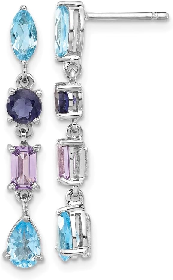 Diamond2Deal 925 Sterling Silver Rhodium Amethyst Blue Gemstone and Iolite Dangle Earrings (L- 1.22 inch, W- 0.2 inch)