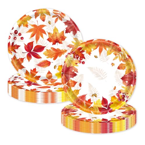 LYFREE 50 Pcs Fall Paper Plates Party Supplies Maple Leaf Themed 7 inch Disposable Dessert Plates Tableware Set for Autumn Thanksgiving Party Table Decorations