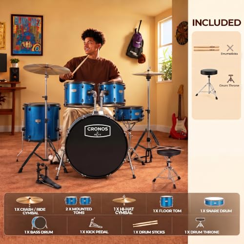 Image of ARCTIC CRONOS 22 inch 5 Piece Acoustic Drum Kit - Blue | with Cymbals, Drum Throne, Hardware & Drum Sticks | Complete Drum Set for Beginners, Adults & Professional Drummers