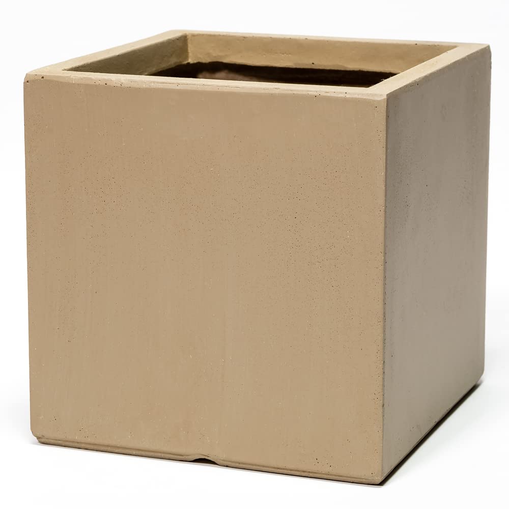 Primrose Outdoor Fibrecotta Sand Beige Cube Garden Planter Pots Medium 30cm (15.7in)