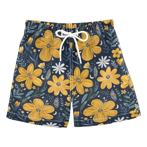 Boys Swim Trunks Quick Dry UPF 50+ Beach Board Shorts Kids Bathing Suits Swimsuit 2T Yellow Flowers and Green Leaves