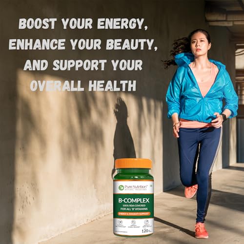 Image of Pure Nutrition Vitamin B Complex Supplements with 100% RDA of B1, B2, B3, B5, B6, B9 | Boosts Immunity, Supports Hair Growth, Energy & Overall Health for Men & Women - 120 Veg Tabs
