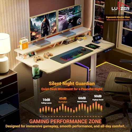 Image of Lukzer Electric Height Adjustable Desk with Monitor Riser USB & Type-C Work from Home Ergonomic Sit-Stand Table with Advanced Memory Preset 1200 x 600 Top - 1 Year Warranty (EST-004 /White & White)