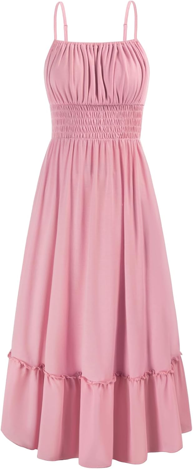 GRACE KARIN Womens 2025 Summer Dress Casual Sleeveless Spaghetti Strap Smocked Ruffle Beach Long Maxi Dress with Pockets Large Light Pink