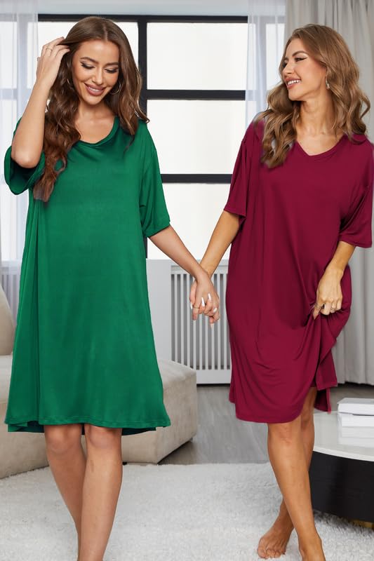 Image of ft FENTENG 2-Pack Women's Nightgowns Short Sleeve Nightshirt V Neck Soft Sleepwear Casual Sleepshirts Loose Pajama Dress