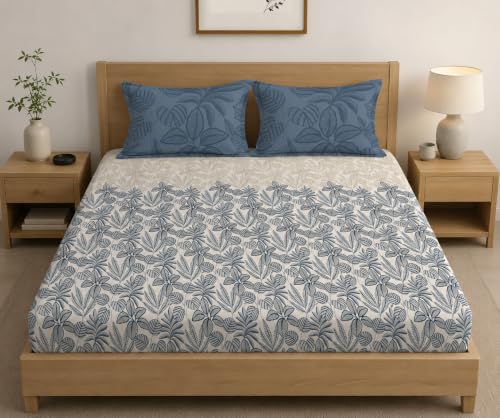 Image of LOOMLYFE 300 TC Microfiber XXL Soft Cotton Super King Size Printed Bedsheet For Double Bed, 108 Inches X 108 Inches, 9 Feet, 275 X 275 Cm With 2 Large Size Pillow Covers - Bluecocunut