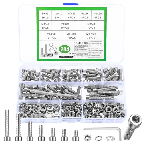284 Stk M6 Schrauben Set, Sechskantschrauben Muttern Set, Edelstahl Zylinderschrauben Innensechskant Schrauben mit Muttern und Unterlegscheiben Set, Maschinenschrauben Gewindeschrauben Sortiment
