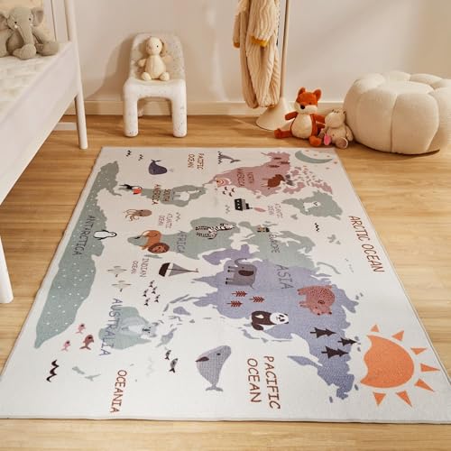 SLEEP ZONE Kids Rugs for Playroom, Animal Rug for Boys and Girls Bedroom, Washable Nursery Carpet, Non Slip Rug Play Mat for Learning Geography, Sea Ocean Land, 4X6 Feet