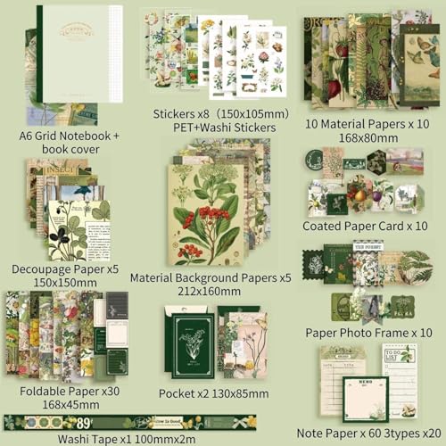 Image of GKN Scrape Book Kit 346pcs Vintage Journal Scrapbook Pack Kit for Art Journaling Bullet, Planners DIY Paper Stickers, Craft Kits Notebook, Collage Album Aesthetic Sticker Scrapebooking Album (Green)