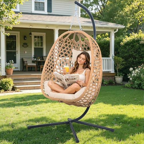 Image of Outdoor Hanging Egg Chair with Stand,Patio Rattan Hammock Chair,Burlywood