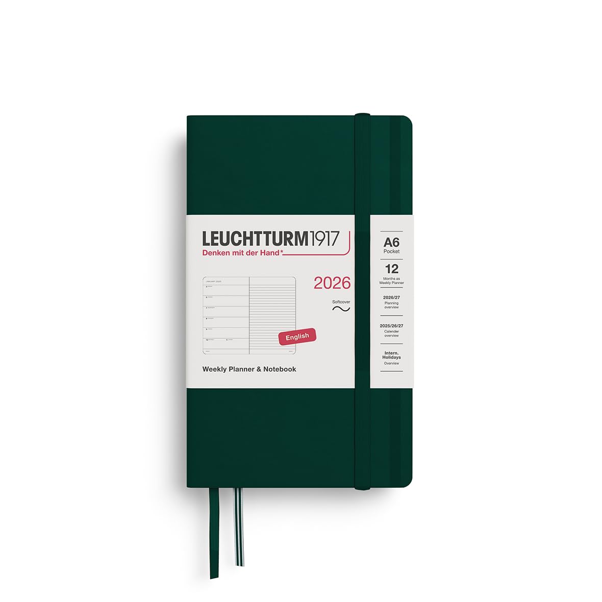 LEUCHTTURM1917 372697 Weekly Planner & Notebook Pocket (A6) 2026, Softcover, 12 Months, Forest Green, English