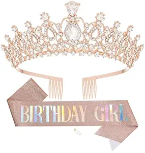 Birthday Tiara and Crown with Sash for Women, Hair Accessories for Wedding Party Costume (B - Rose Gold)