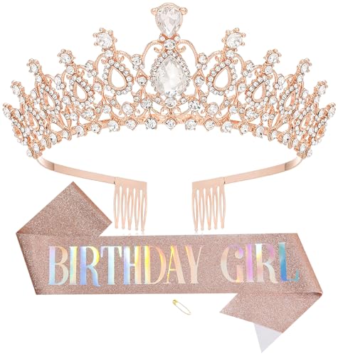 Birthday Tiara and Crown with Sash for Women, Hair Accessories for Wedding Party Costume (B - Rose Gold)