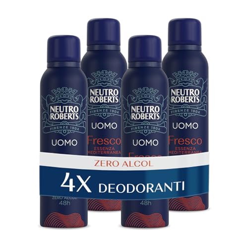 Neutro Roberts, Deodorante Spray Uomo Essenza Mediterranea, Con antiodore, Zero Alcol, Con Puro Olio di Glicerina, Deodorante Uomo, Dermatologicamente testato, 48h - 4 Pezzi da 150 ml