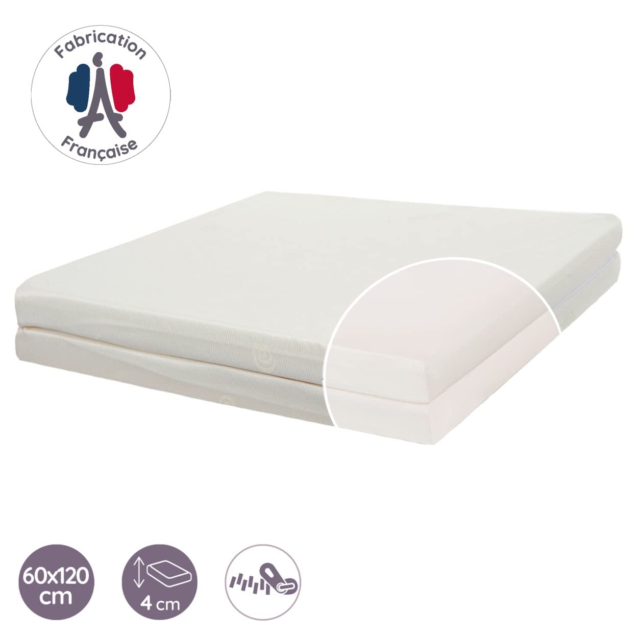 TINÉO - Matelas de Voyage Bébé - Pliant 2 Parties - 60x120 cm - Épaisseur 4 cm - Idéal Couchage D'appoint - Déhoussable - Densité 900g/m3 - Fabriqué En France