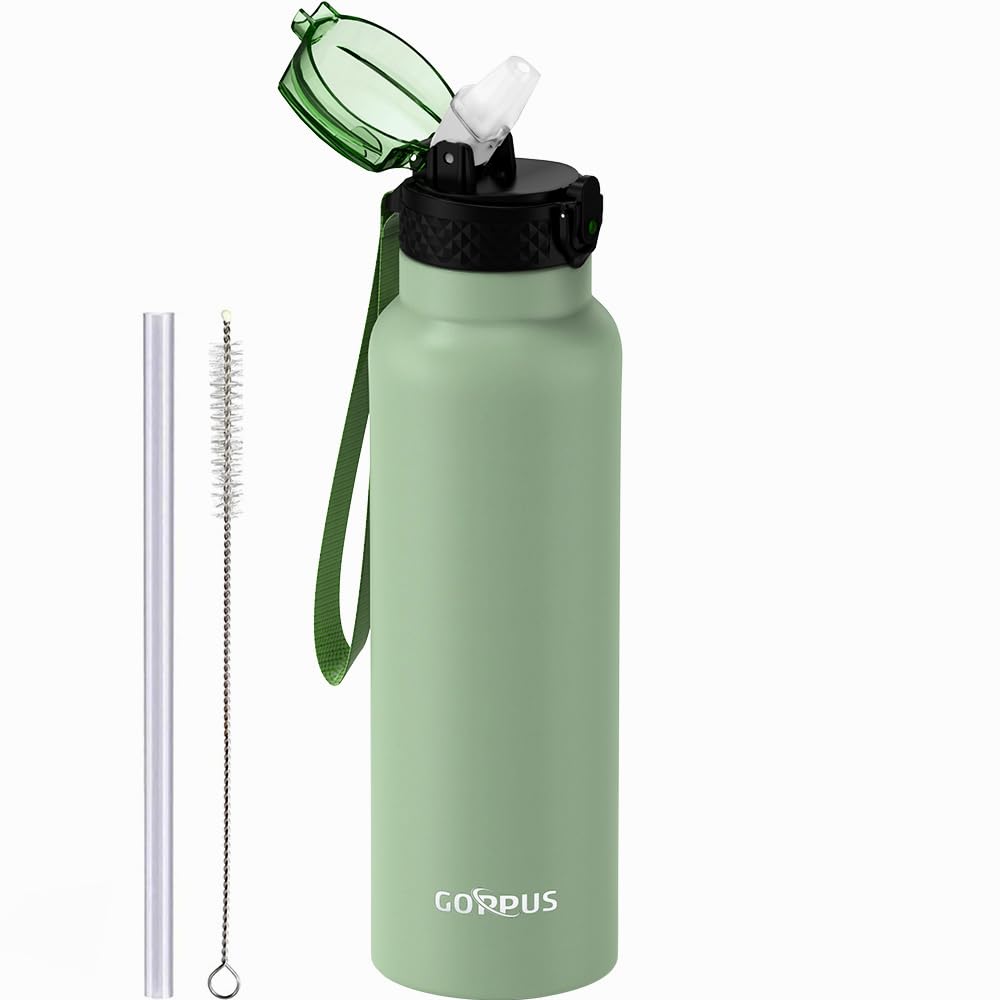 GOPPUS 750ml/26oz Stainless Water Bottle with Straw Double Wall Insulated Bottles with Strap Reusable Vacuum Thermal Flask Leakproof Keep Cold Drinks Bottles with Flip Top Lid for Men Women BPA Free