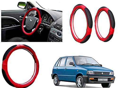 Image of Microfiber Car Steering Wheel Cover, Soft Padding Great Hand Feel, Anti-Slip, Faux Leather Steering Cover for Maruti Suzuki 800 | Black Red Jali - Pack of 1