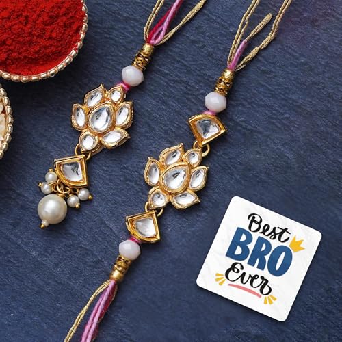 Image of eCraftIndia Set of 2 Lotus Floral Kundan Designer Rakhis, Best Bro Ever Fridge Magnet with Roli Chawal Pack - Rakhis for Brother, Bhabhi, Kids