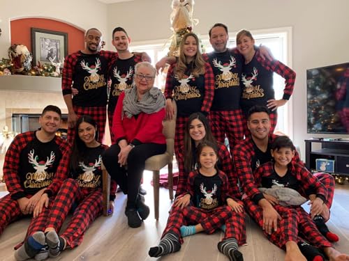 Image of IFFEI Matching Family Pajamas Sets Christmas PJ's with Letter and Plaid Printed Long Sleeve Tee and Bottom Loungewear