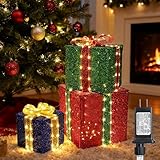 Set of 3 Christmas Lighted Gift Boxes - Pre lit Presents Christmas Boxes with Different Sizes for Holiday Indoor Outdoor Decoration (Warm White, Small)