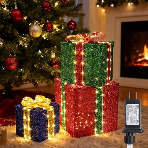Set of 3 Christmas Lighted Gift Boxes - Pre lit Presents Christmas Boxes with Different Sizes for Holiday Indoor Outdoor Decoration (Warm White Small)