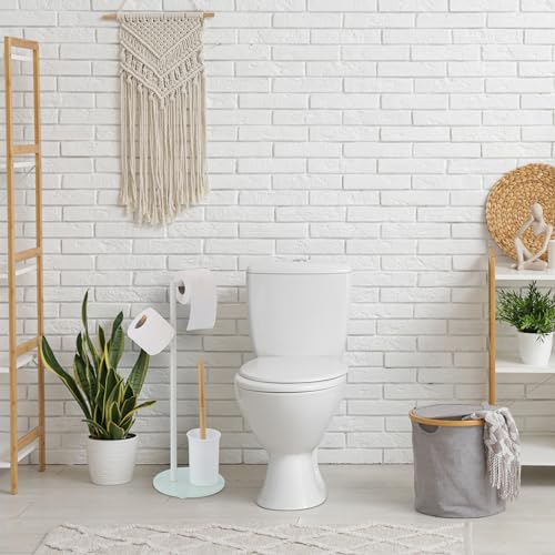 Image of Relaxdays WC Set, HxWxD: 64 x 27 x 22 cm, Free-Standing Roll & Brush Holder, Replacement Heads, Stainless Steel, White