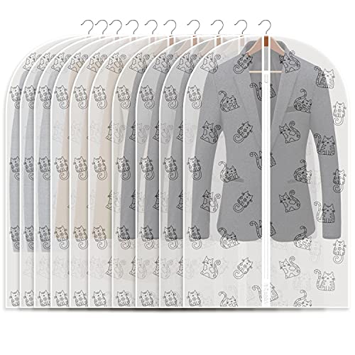 Refrze Garment Bags for Hanging Clothes,12 Pack Garment Bags for Closet Storage, Clear Garment Bag with Zipper, Garment Covers with Cat Print 24