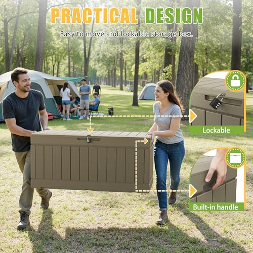 Image of Greesum Outdoor Storage Box 82 Gallon Storage Bin with Lid for Patio Furniture, Garden Tools, Pool Supplies, Waterproof and UV Resistant, Lockable, Coffee