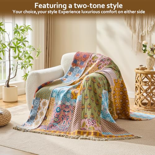 Image of VANJOROY King Boho Throw Blanket, 100% Organic Cotton Breathable Skin-Friendly Ultra Soft 91 inch x 98 inch Bed Quilt Patchwork Throw - Floral Rustic Luxury Reversible Blanket for Sofa Couch Chair and Gift
