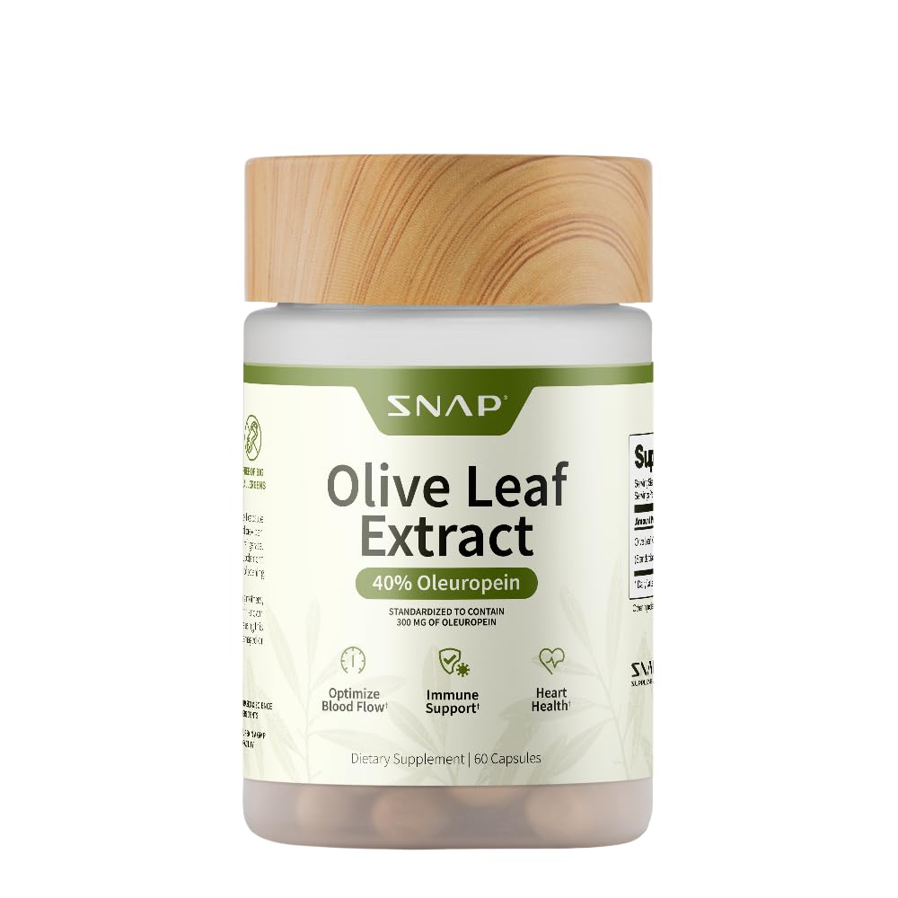 Snap Supplements - Olive Leaf Extract | Super Strength 40% Oleuropein for Blood Pressure Support, Improve Digestion, Antioxidant Boost, Improve Brain Function, Anti-Inflammatory | 60 Capsules