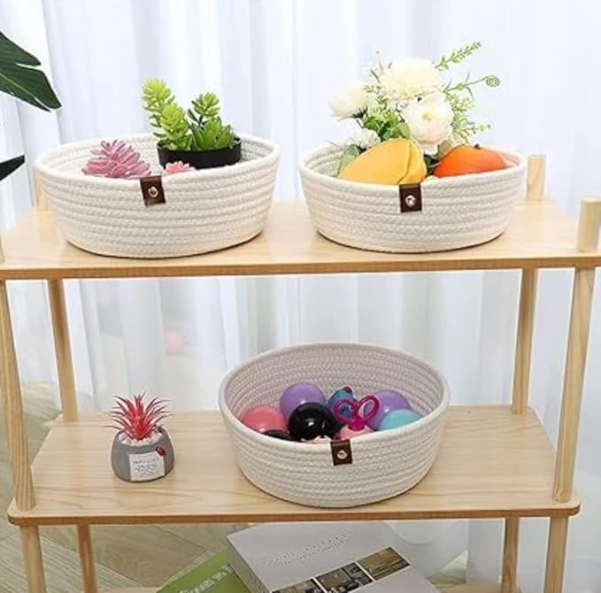 Image of AuraNest White Jute Rope Storage Baskets Set of 3, Small Cotton Rope Baskets for Organizing, Decorative Woven Nesting Bowls for Bathroom, Nursery, Shelf, Kitchen Storage Bins