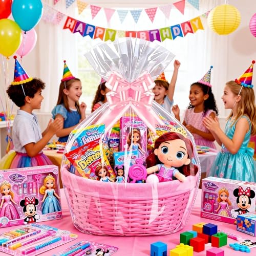 Image of PigPotParty Cellophane Bags for Gift Baskets, 30x40 in, 10 Pack, Pink Bows | Thick clear OPP holds shape; seamless bottom resists tears; easy-to-use large pull bows save time and add a polished finish