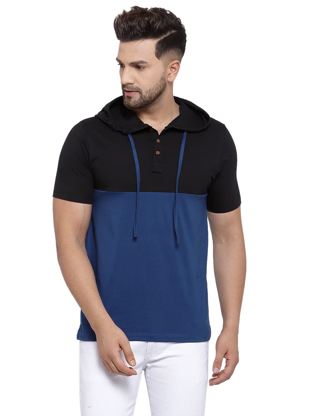 kalt Men Half Sleeves Dual Colour Cotton Blend Hoodie(Blue::Black)-picture-57