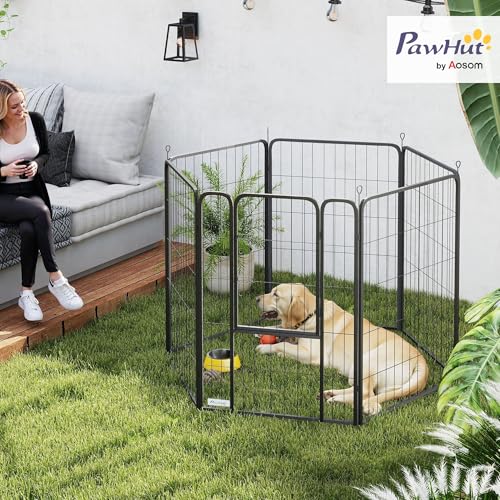 PawHut Welpenlaufstall 6-teilig 100 cm hoch Welpenauslauf Faltbar Freilaufgehege mit Tür, Verriegelung, Hundelaufstall mit Erdspießen, Laufstall für Hunde Kleintiere für drinnen und draußen