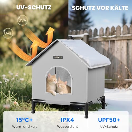 Outdoor Katzenhaus mit Erhöhten Design, Wasserdicht Katzenhaus für Draußen, Warm Hundehöhle mit Türvorhang, Waschbar Hundehaus Tierheim Für Streuner Haustiere (XL, Grau)