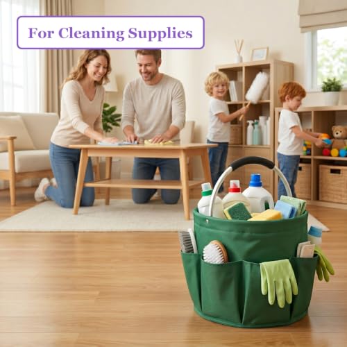 Image of 17L Cleaning Caddy with Handle, 600D Oxford Cleaning Supply Caddy with 6 Pockets, Foldable Tool Bucket Organizer for Housekeeping, Gardening, Car Detailing, Traveling, Camping, Green