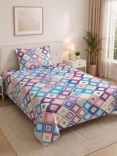 Image of Mafatlal 130 GSM Pearl Contemporary Single Bed Linen Set with 1 Pillow Cover | 60 x 90 Inch | Elegant Printed Design | Color Lock Fabric, Comfortable Sleep, Durable & Easy Wash | Geometric Multi