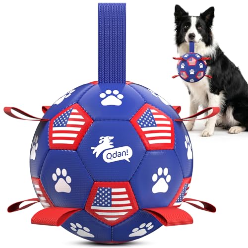 Image of QDAN Dog Toys, Dog Soccer Ball with Straps, Herding Ball for Small Dogs | 6 Inch Dog Toy Ball for 20-40 lbs Dogs, Outside Dog Toys for Beach Pool Water Fun to Keep Them Busy, Puppy Birthday Present