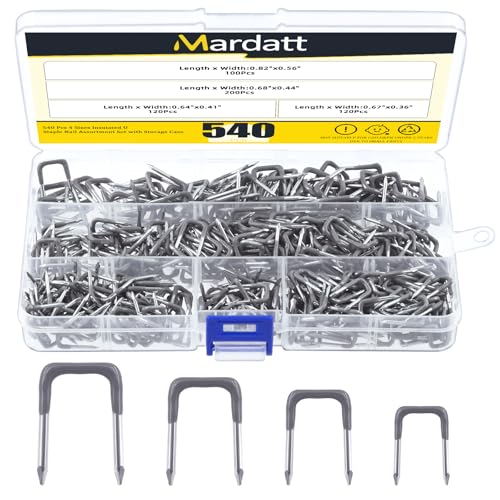 Mardatt 540 Pcs Insulated U Staple Nail Assortment Set with Storage Case, 0.56', 0.44“, 0.41', 0.36' Metal Cable Staple for Fixing Electrical Wire