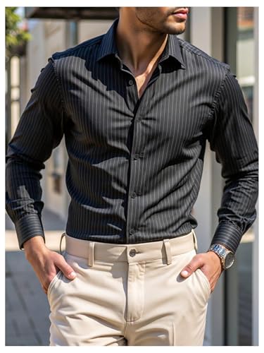 GORGLITTER Men's Striped Button Down Dress Shirt Long Sleeve Collar Office Work Tops4