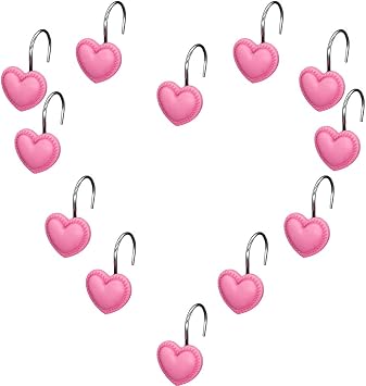 12 Pieces Pink Heart Shower Curtain Hooks, Valentines Day Decorative Curtain Hooks,Stainless Steel Rust Resistant Curtain Rings for Bathroom Shower Rods Curtains Home Decor