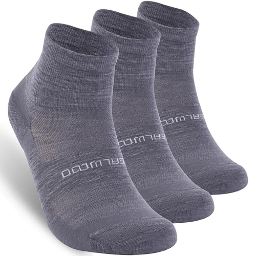 ZEAL WOOD 3 Pairs Mens Womens Merino Wool Running Quarte Ankle Athletic Cycling Socks Sports Hiking Moisture Wicking Summer Low Cut Wool Socks Gifts for Women Men Grey,Large