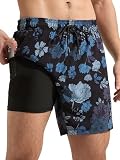 Arcweg Bañador Hombre 2 en 1 con Forro de Compresión Secado Rápido y Transpirable, Shorts de Baño Elásticos para Playa, Natación y Surf Flor Grande XL(EU)