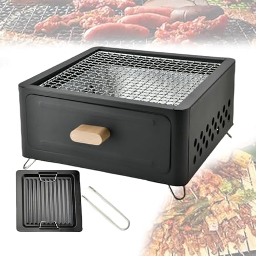 Charcoal Grill, Portable Barbecue Grill, Multi-functional Cooking Tool, Stainless Steel Campfire Grill, Outdoor Camping Barbecue Equipment (Black Tiantang porcelain frying pan)