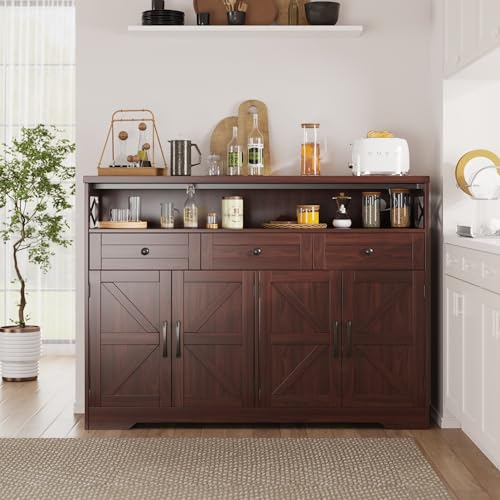 Image of 51 inch Dark Brown Buffet Sideboard Cabinet, Farmhouse Storage Cabinet Kitchen | Pantry with Shelf and Drawers, Wood Cupboard Hutch Cabinet, Coffee Bar Station Table for Kitchen, Living Room, Dining Room