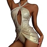 Women's Swimsuit Solid Color Two-Piece Split Bathing Suit Sexy Open One Piece Swimwear Bathing Suits Women Gold