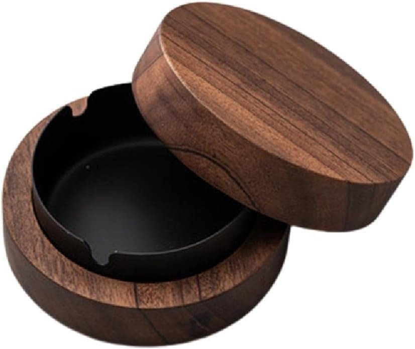Cendrier En Bois Noyer & Acier Inoxydable Coupe-Vent Avec Couvercle – Lot De 2, Facile à Nettoyer, Style Élégant Pour Maison & Bar