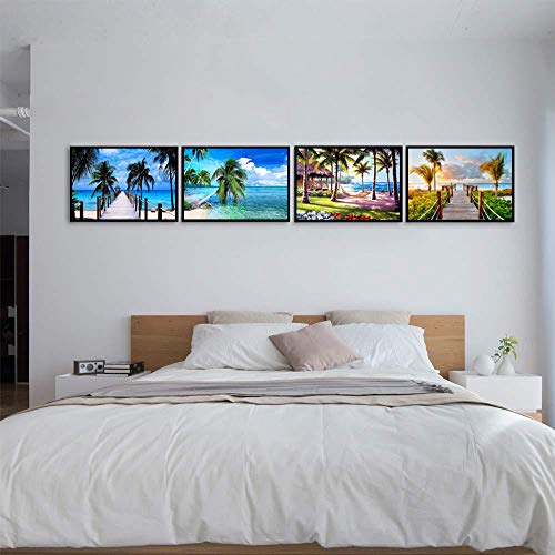 4 Pack 5D Diamond Painting Art Dotz Full Drill Diamond Paint By Numbers Beach Kits For Adults Kids Sea Holiday Palm Tree Hammock Scenery Landscape Wall Decor, 12X16Inch #TOP6